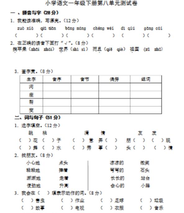 人教版一年級下冊語文第八單元測試卷文檔資源百度網(wǎng)盤免費(fèi)下載