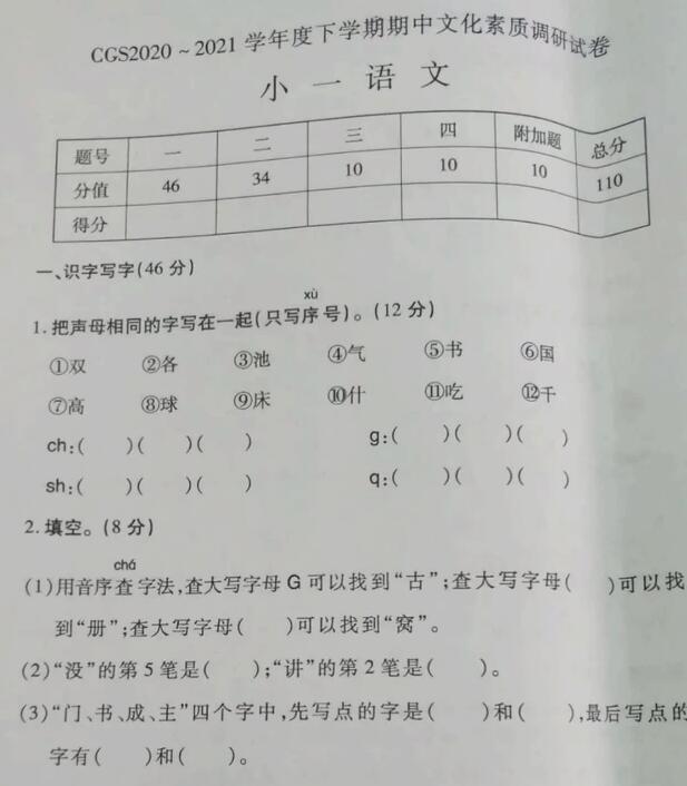河南許昌2020-2021學年一年級語文下冊期中文化素質調研試卷pdf資源下載