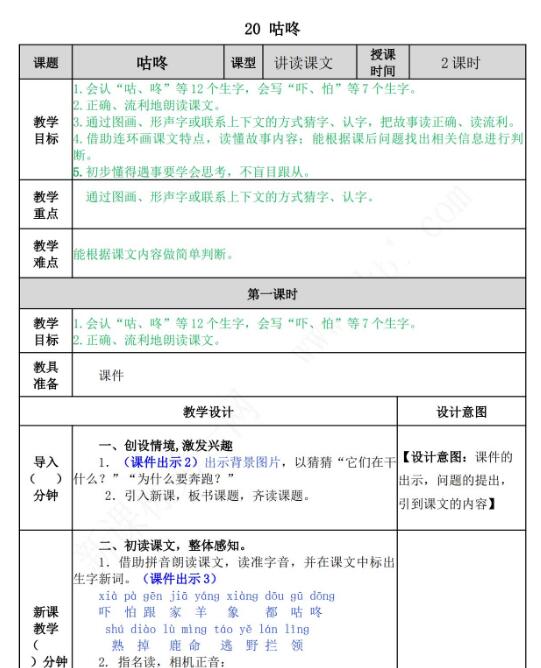 2021年部編版第20課咕咚教學設計文檔資源免費下載