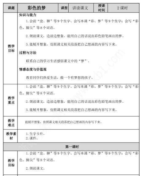 2021年部編版二年級第8課彩色的夢教案資源免費下載