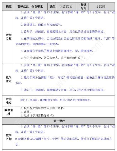 2021年部編版二年級(jí)第5課雷鋒叔叔你在哪里教案資源免費(fèi)下載