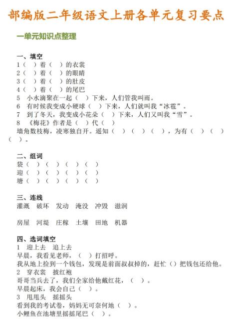 部編版二年級語文上冊上冊各單元復(fù)習要點百度網(wǎng)盤資源免費下載