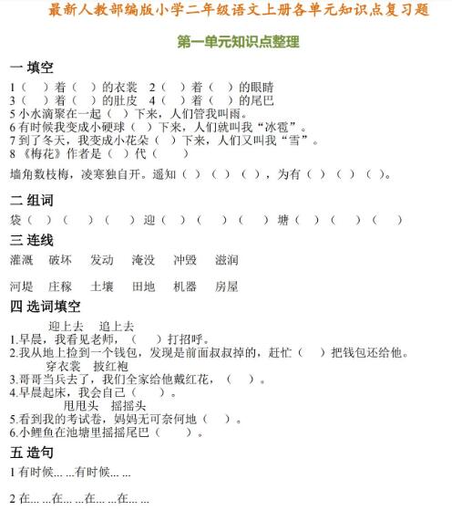 最新人教部編版小學二年級語文上冊各單元知識點復習題資源免費下載