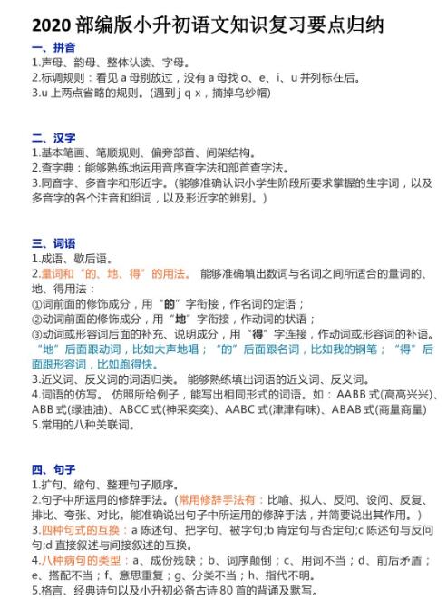 部編版小升初語文知識復習要點歸納百度網盤資源免費下載
