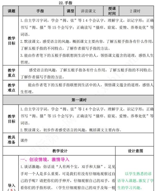 2021年部編版五年級語文第22課手指教案表資源免費下載