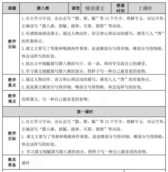 2021年部編版六年級語文第2課臘八粥教案資源免費下載