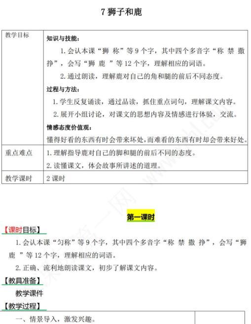 2021年部編版三年級(jí)下冊(cè)第7課獅子和鹿教案資源免費(fèi)下載