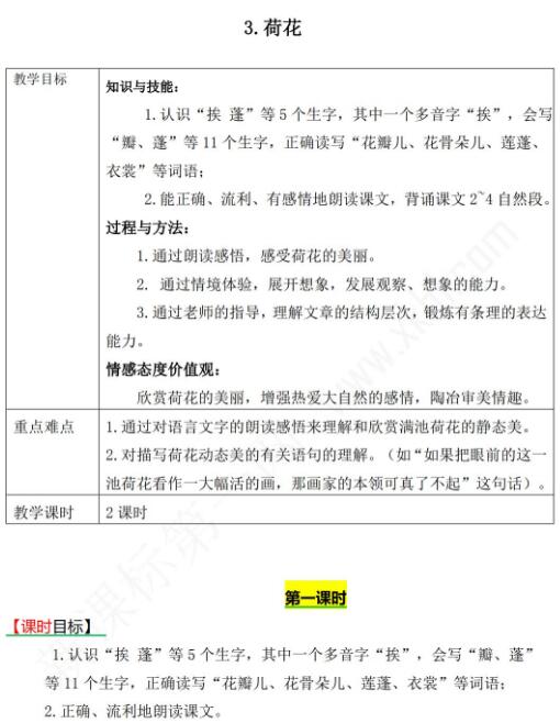 2021年部編版三年級(jí)下冊(cè)語文第3課荷花教案資源免費(fèi)下載