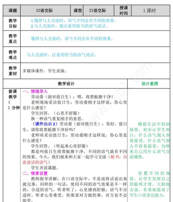 2021部編版二年級下冊口語交際：注意說話的語氣教案練習題資源免費下載