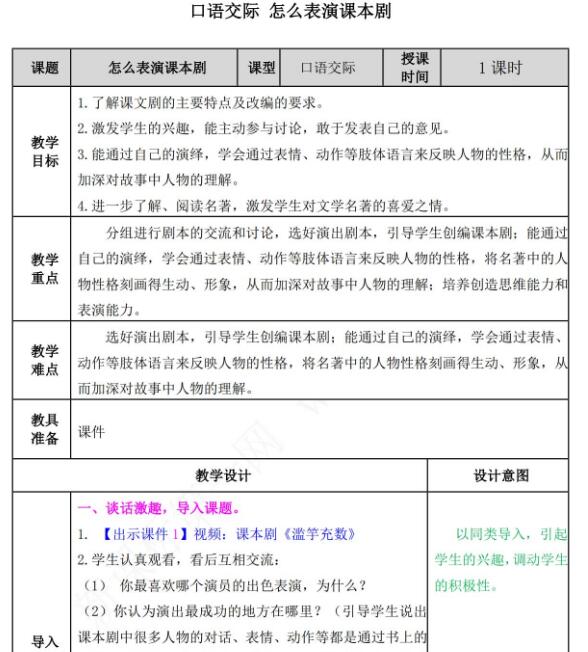 2021部編版五年級下冊口語交際：怎么表演課本劇教案資源免費下載